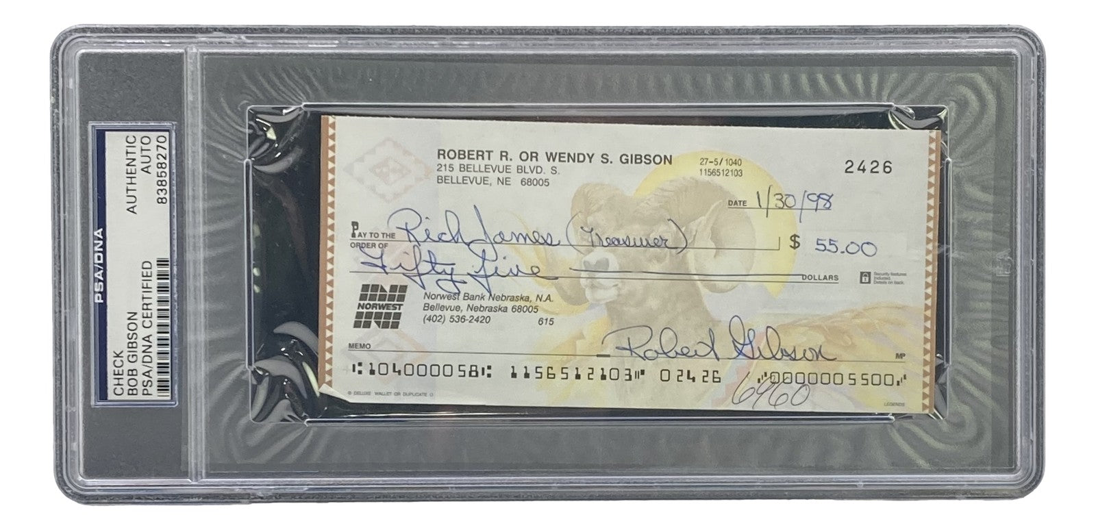 Bob Gibson St. Louis Cardinals Signed Slabbed Bank Check #2426 PSA/DNA ...
