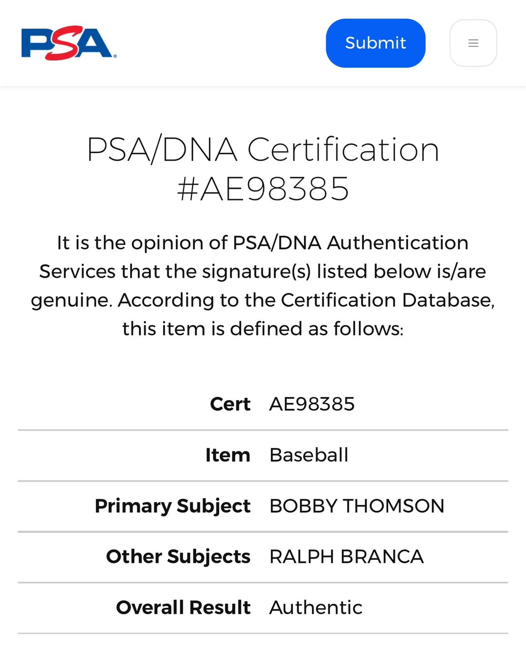 Bobby Thomson Ralph Branca Signed Official NL Baseball 10/3/51 Auto Giants PSA