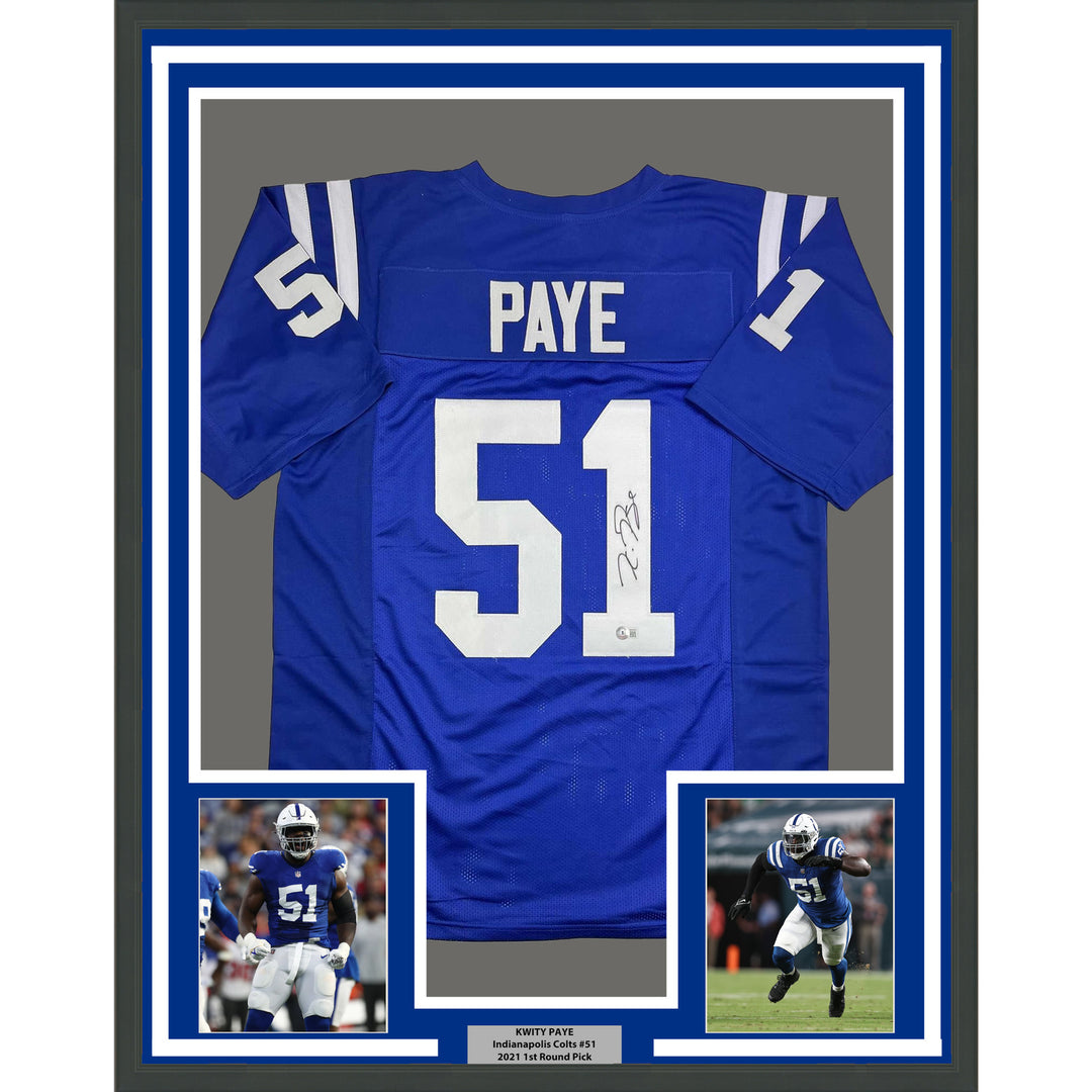 Framed Autographed/Signed Kwity Paye 35x39 Indianapolis Blue Jersey Beckett COA