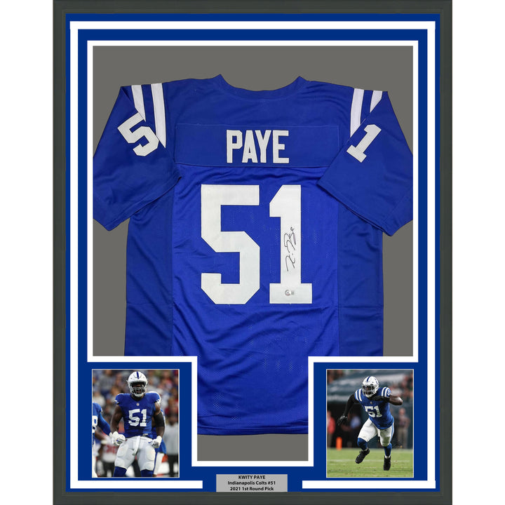 Framed Autographed/Signed Kwity Paye 35x39 Indianapolis Blue Jersey Beckett COA
