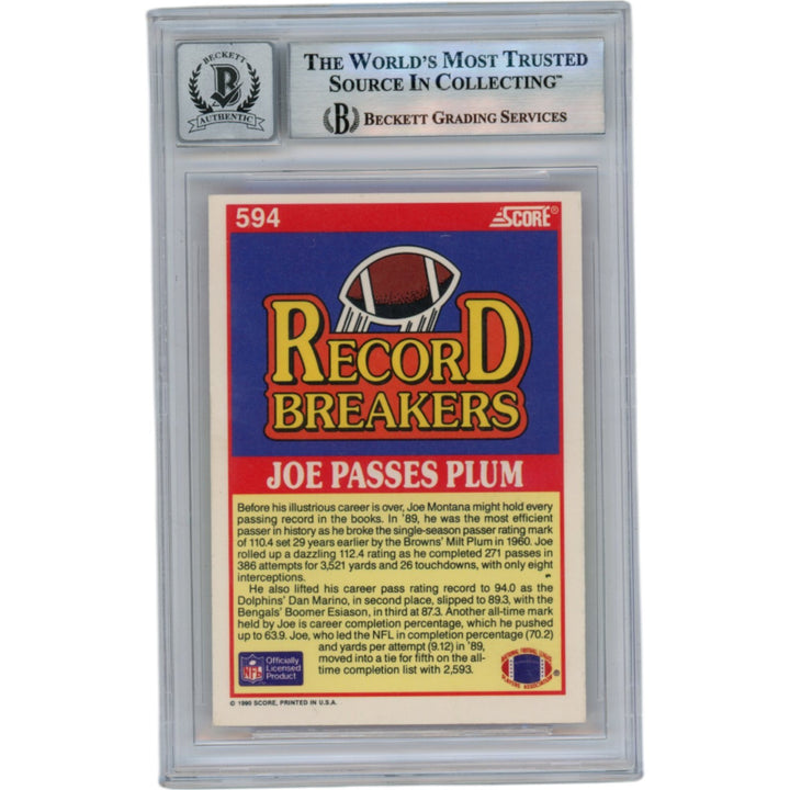 Joe Montana Autographed/Signed 1990 Score #594 Slab Trading Card Beckett 49928