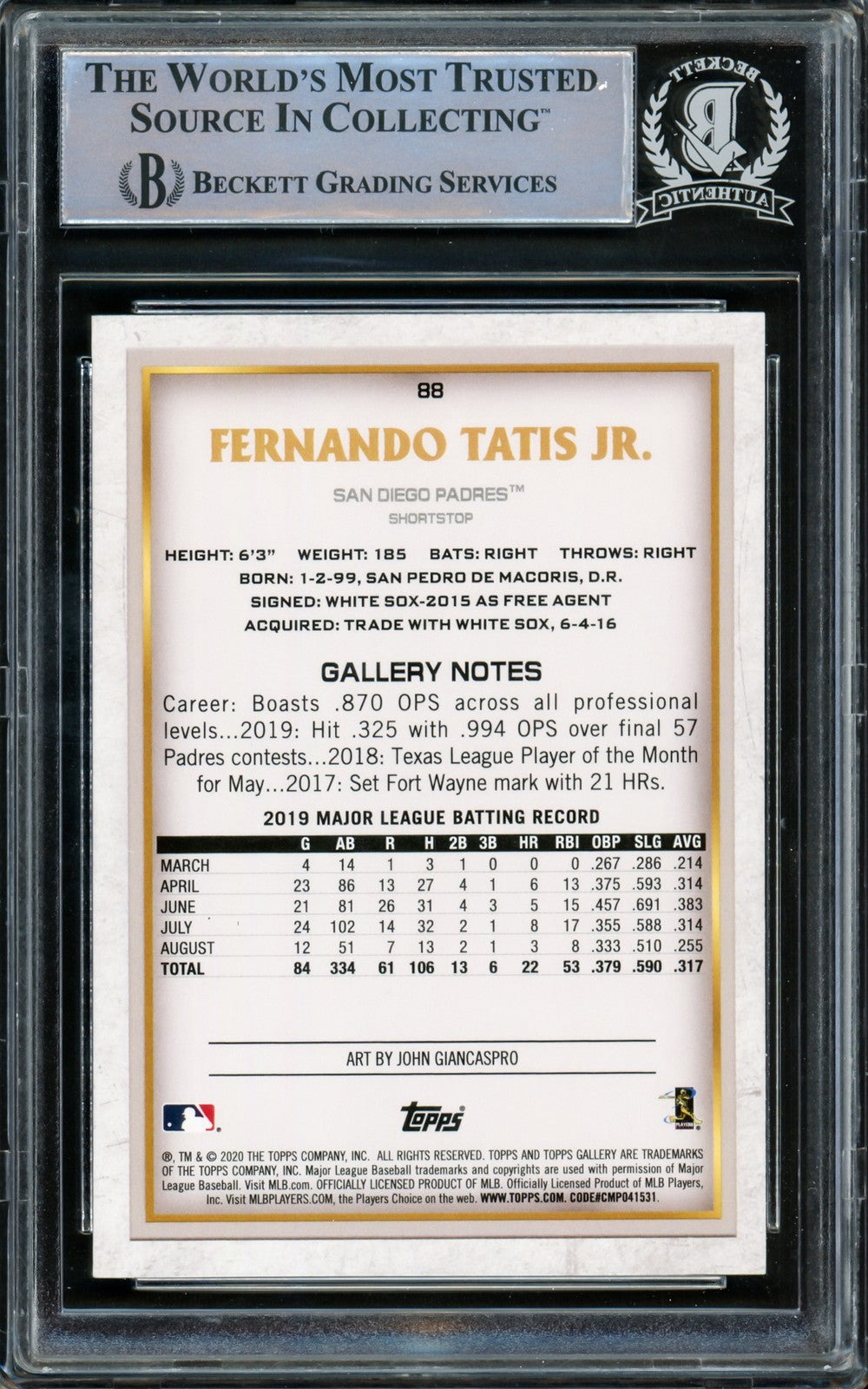 Fernando Tatis Jr. Signed 2020 Topps Gallery Card #88 San Diego Padres Beckett