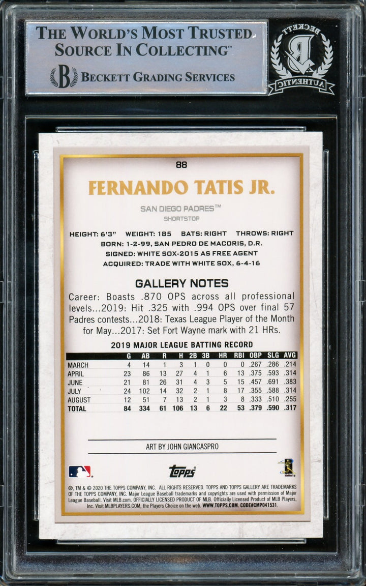 Fernando Tatis Jr. Signed 2020 Topps Gallery Card #88 San Diego Padres Beckett