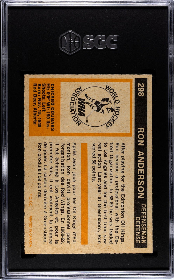 Ron Anderson 1972-73 O-Pee-Chee NHL RC #298- SGC Graded 9 Mint (Chicago Cougars)