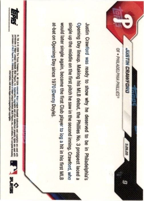 2026 Topps Now Justin Crawford #9 Orange Foil /25 Rookie RC Baseball Card