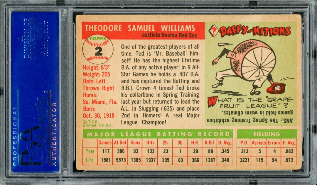 Ted Williams Autographed 1955 Topps Card #2 Boston Red Sox PSA/DNA