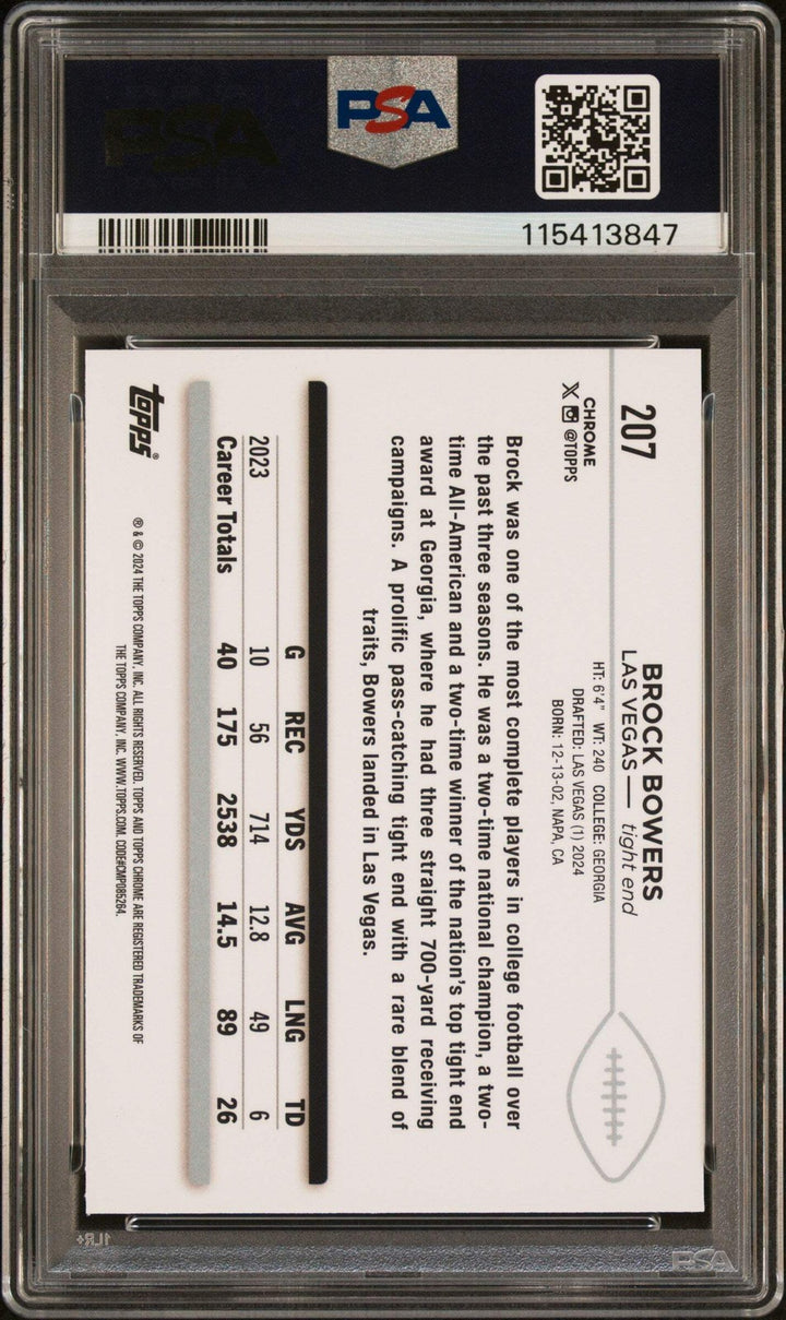 Graded 2024 Topps Chrome Brock Bowers #207 Rookie RC Football Card PSA 10 Mint