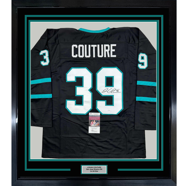 Framed Autographed/Signed Logan Couture 35x39 San Jose Black Jersey JSA COA