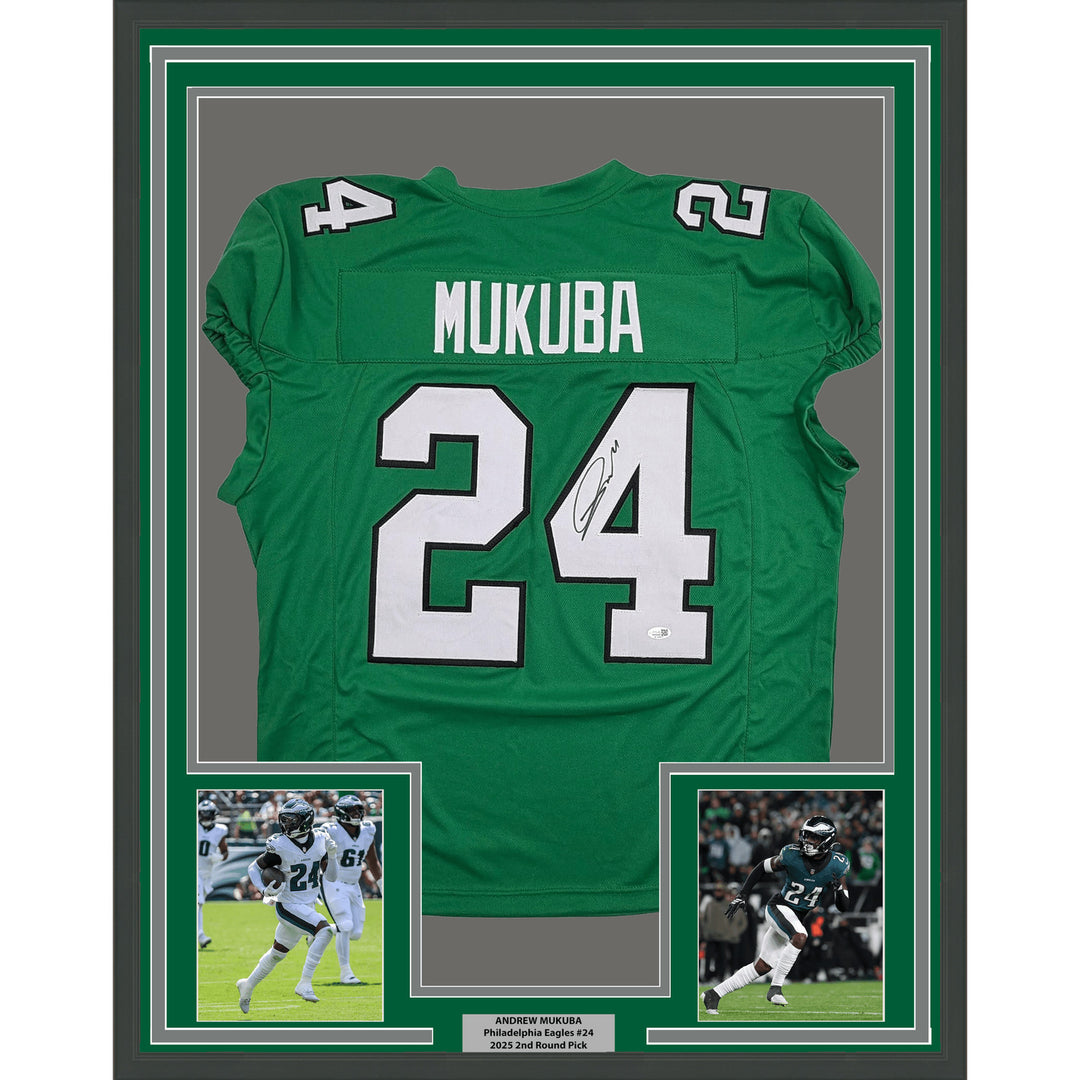 Framed Autographed Andrew Mukuba Philadelphia Kelly Pro Cut Jersey JSA COA