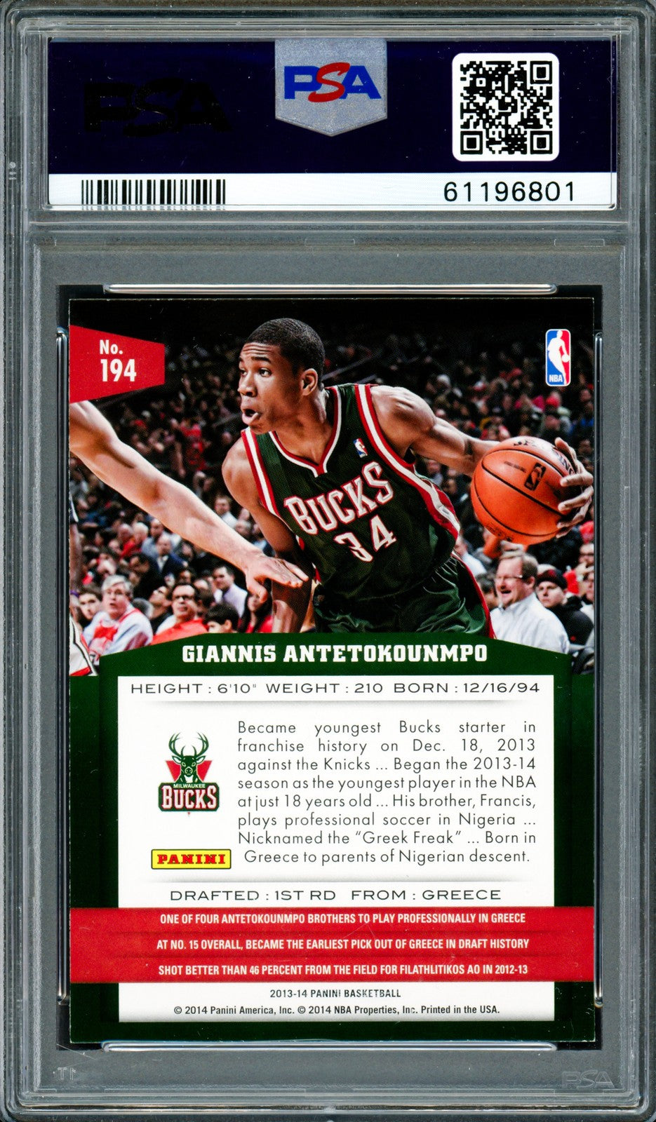 Giannis Antetokounmpo Signed 2013 Panini RC 194 Bucks Auto Mint 9 PSA/DNA
