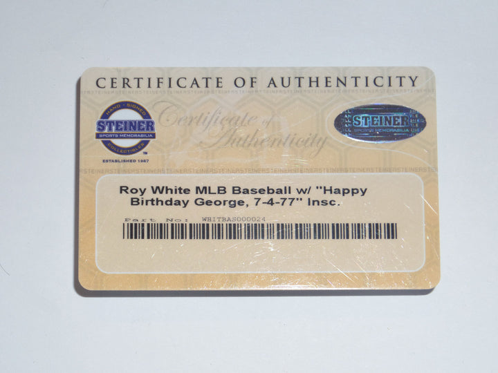 ROY WHITE SIGNED OML BALL "HAPPY BIRTHDAY GEORGE 7-4-77 vs CLEVE" STEINBRENNER
