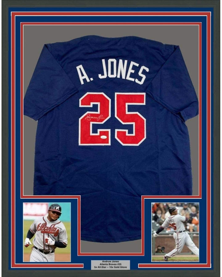 FRAMED Signed ANDRUW JONES 35x39 Atlanta Blue Jersey JSA COA Auto