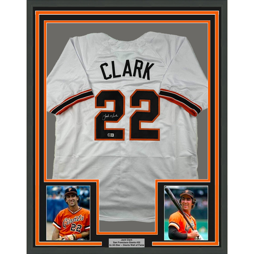 Framed Autographed/Signed Jack Clark 35x39 San Francisco White Jersey JSA COA