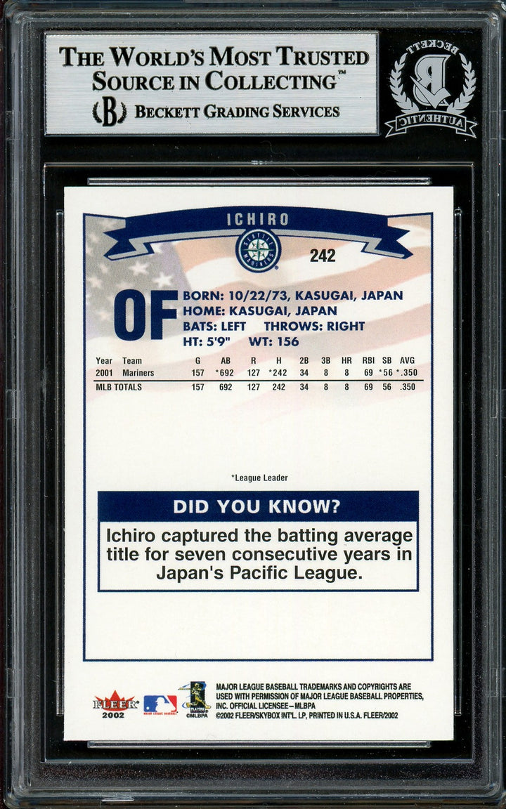 Ichiro Suzuki Signed 2002 Fleer Card 242 Seattle Mariners Black Letter Beckett