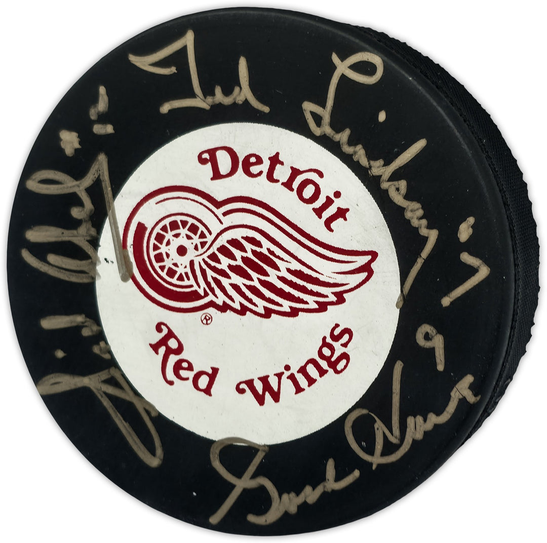 Gordie Howe, Sid Abel, & Ted Lindsay Red Wings Logo Puck Production Auto Beckett