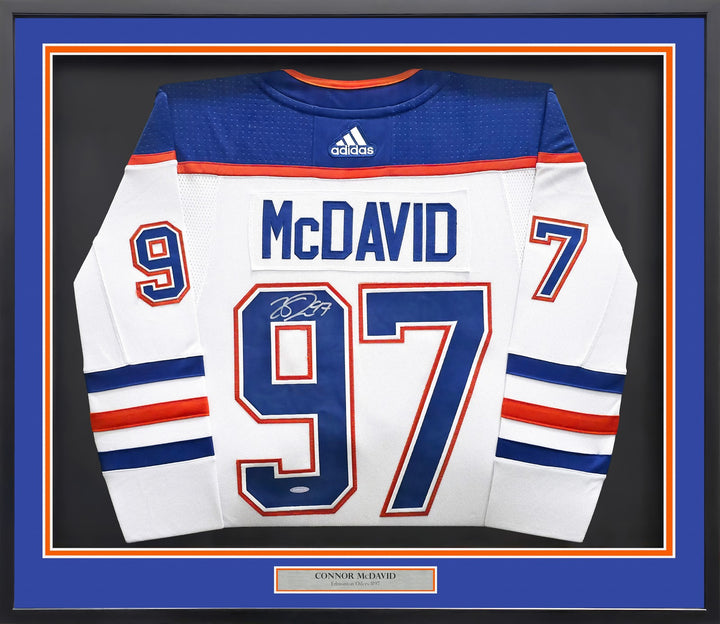 Edmonton Oilers Connor McDavid Signed Framed White Auth Adidas Jersey UDA Holo