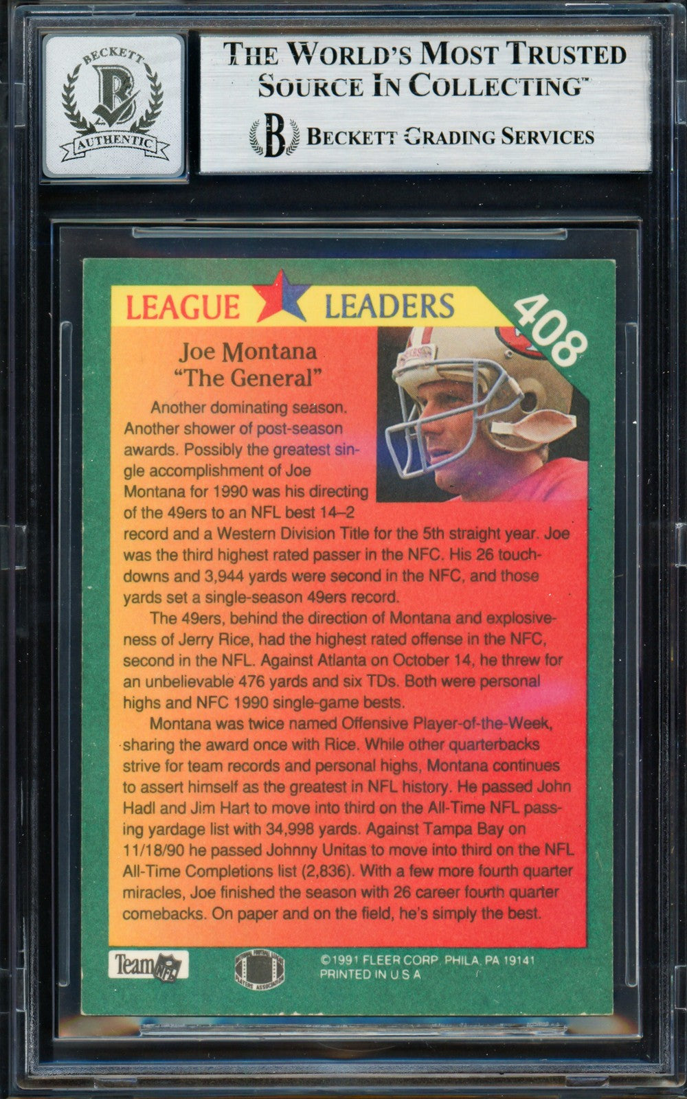 Joe Montana Signed 1991 Fleer Card 408 San Francisco 49ers Sig 10 Beckett