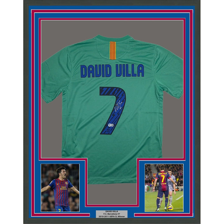 Framed Autographed/Signed David Villa 35x39 Barcelona Teal Jersey BAS COA