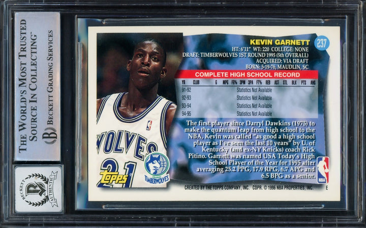 Kevin Garnett Signed 1995-96 Topps RC 237 Timberwolves Auto GM 10 Beckett