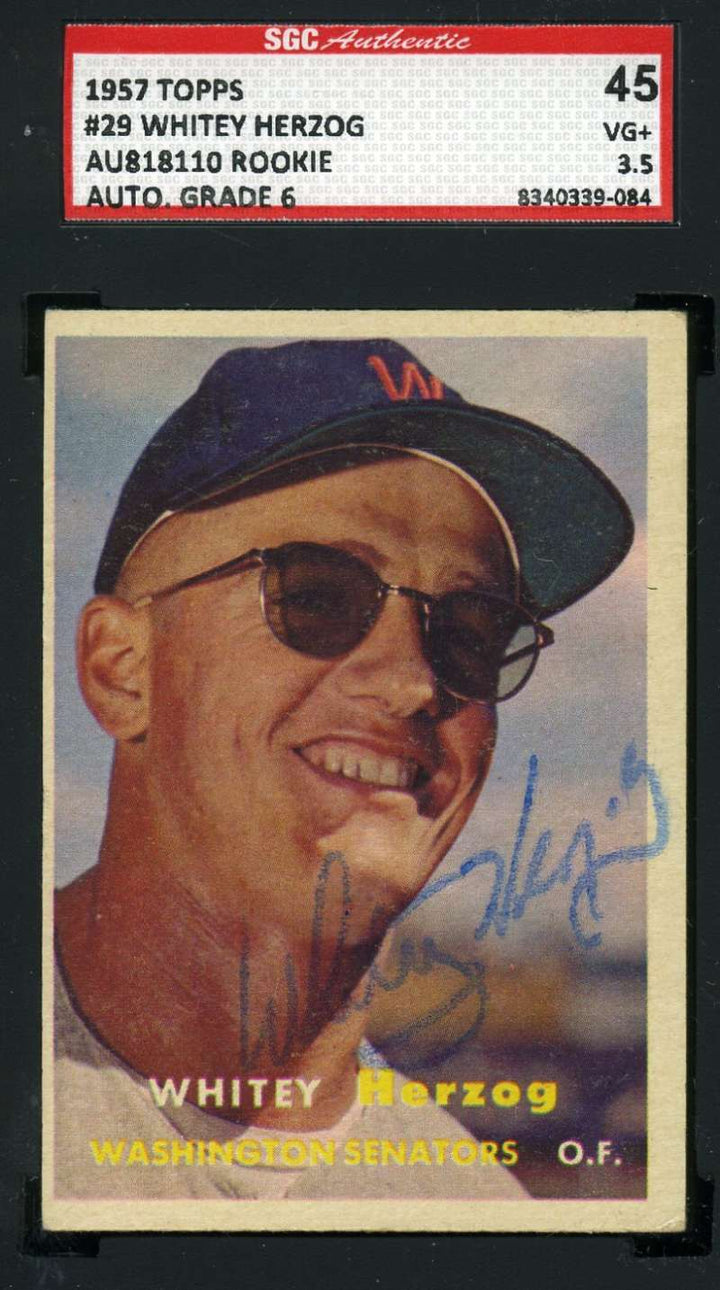 Whitey Herzog 1957 Topps Rookie Hand Signed Sgc Original Authentic Autograph