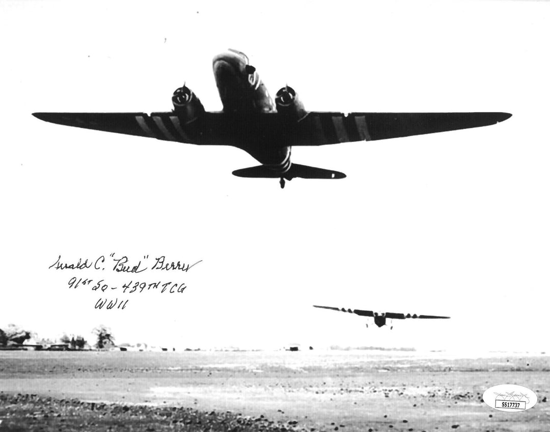 Gerald “Bud” Berry signed WWII 91st Squadron/439th TCG 8x10 Photo C-47 Pilot JSA