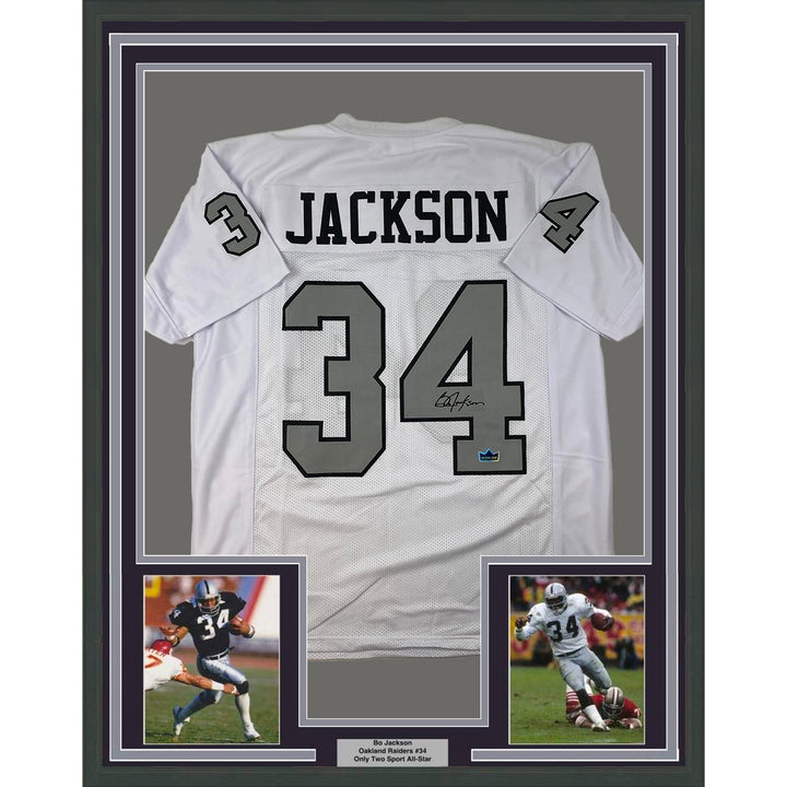 Framed Facsimile Autographed Bo Jackson 33x42 Oakland White Reprint Laser Jersey
