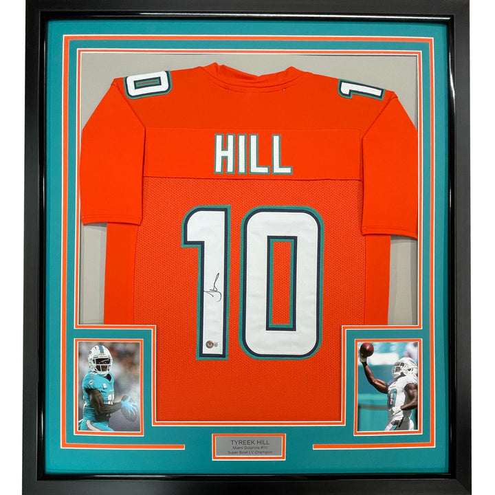 Framed Autographed/Signed Tyreek Hill 33x42 Miami Orange Retro Jersey JSA COA