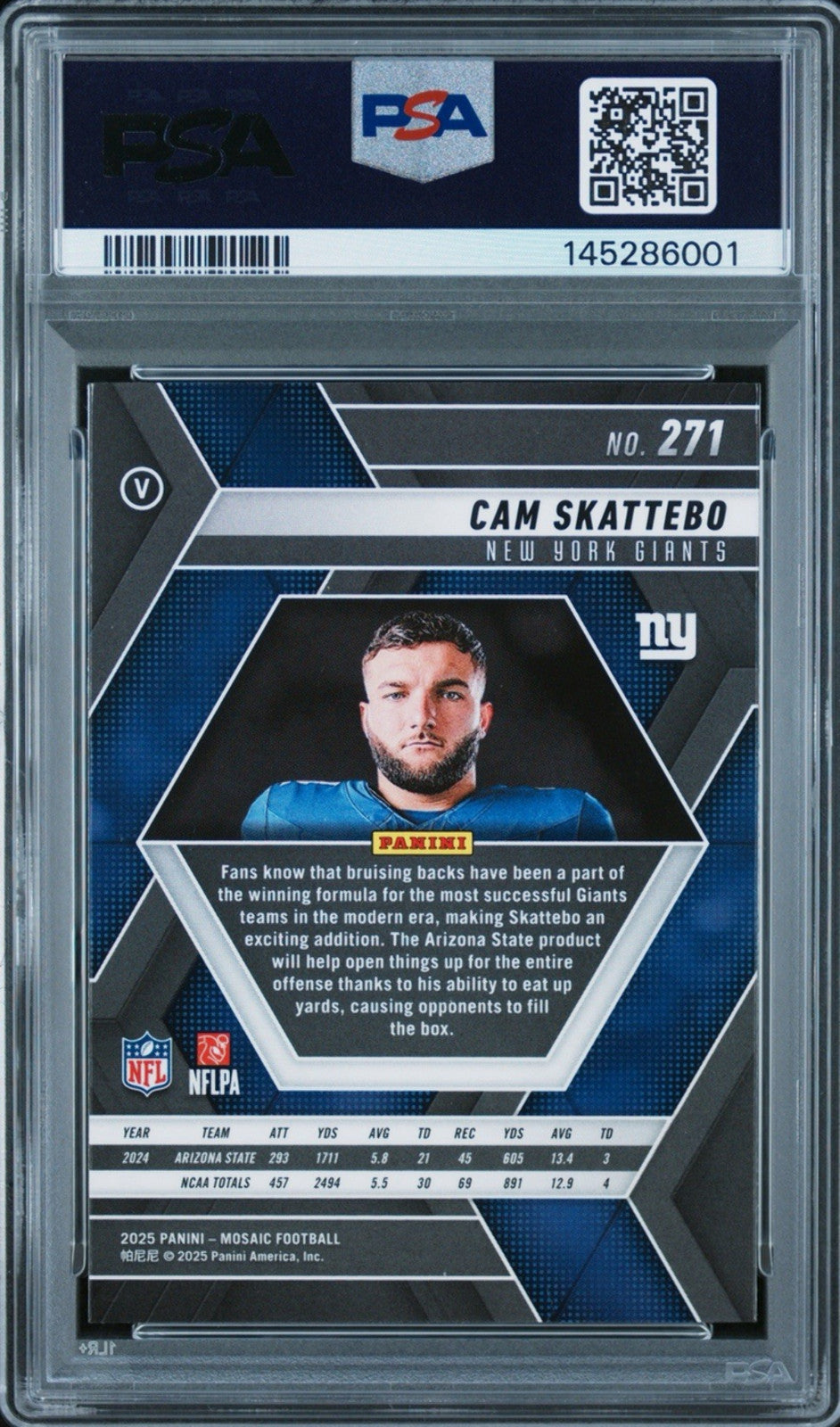 Graded 2025 Panini Mosaic Cam Skattebo #271 Rookie RC Card PSA 10 Gem Mint