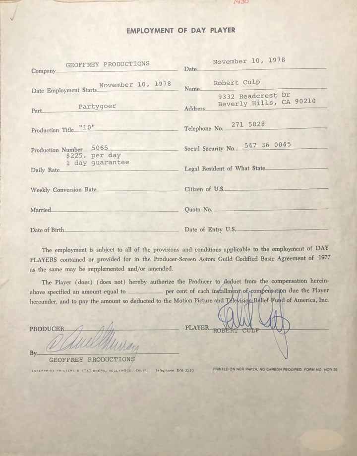 Robert Culp Autographed Contract (JSA)