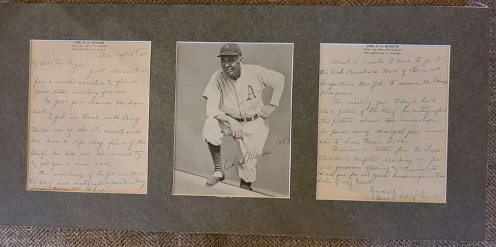 Chief Bender JSA Coa Signed 5x7 Photo Matted With Letter From Wife Autograph