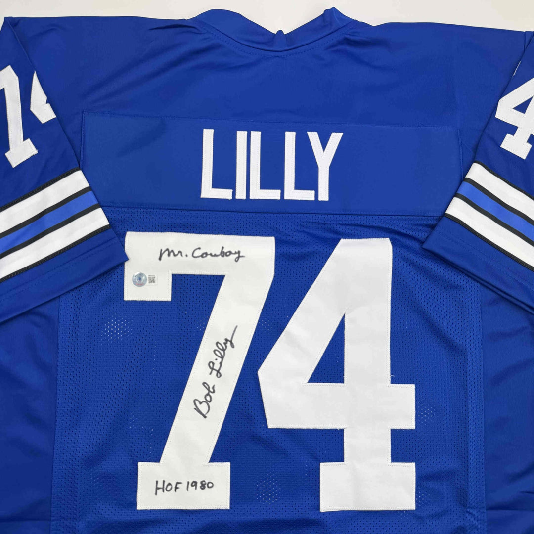 Autographed/Signed BOB LILLY HOF 80 Dallas Retro Blue Football Jersey JSA COA
