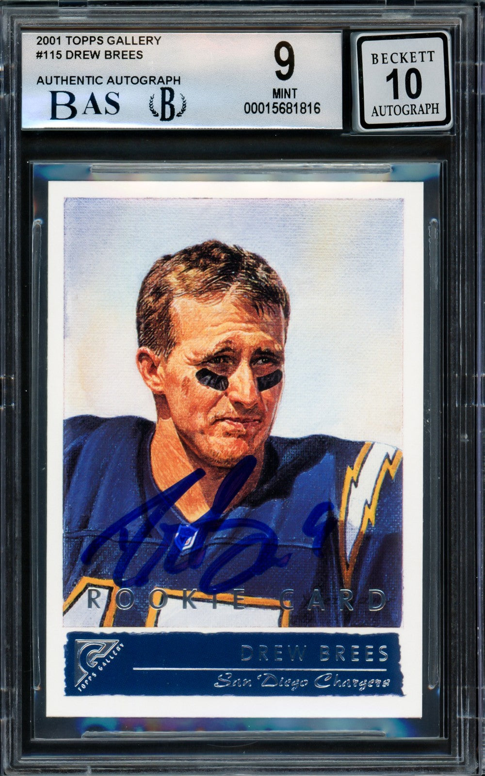 Drew Brees Signed 2001 Topps Gallery RC 115 Chargers BGS 9 Auto 10 Beckett