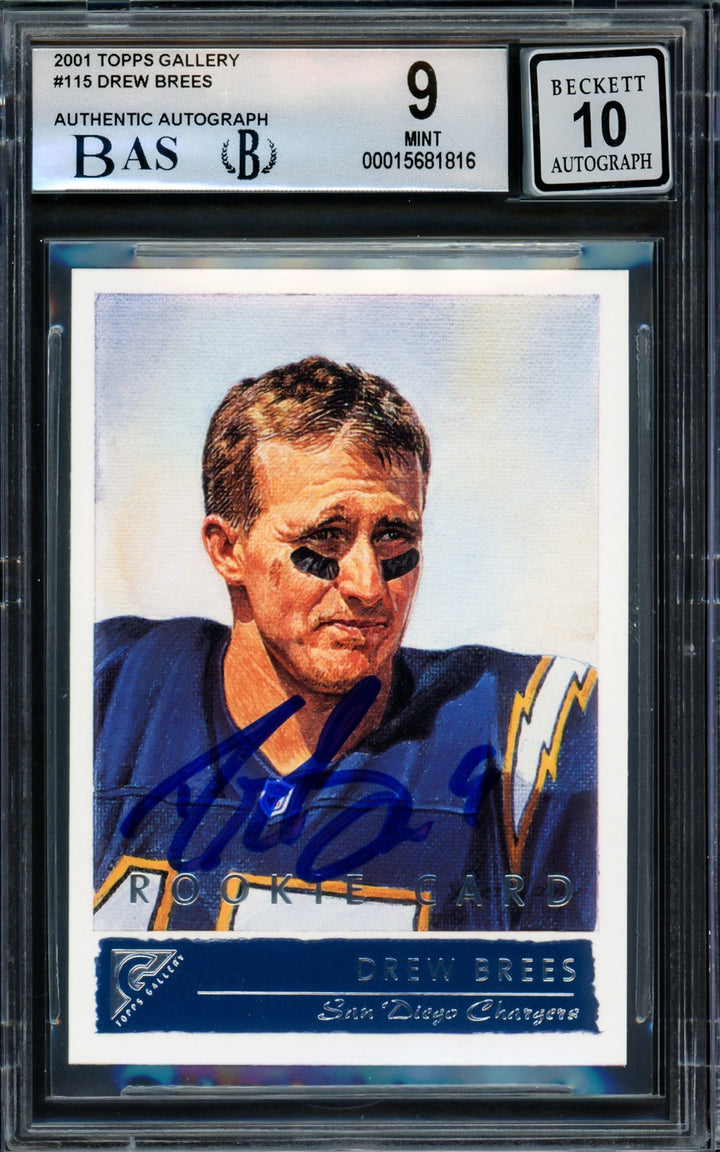 Drew Brees Signed 2001 Topps Gallery RC 115 Chargers BGS 9 Auto 10 Beckett
