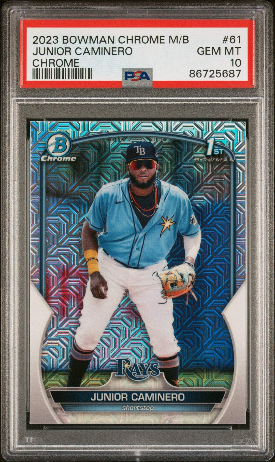 Graded 2023 Bowman CHR M/B Junior Caminero #666 Chrome RC Baseball Card PSA 10