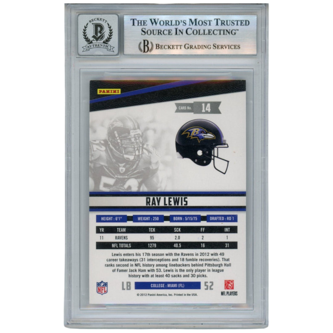 Ray Lewis Autographed 2012 Panini Rookies & Stars #14 Trading Card Beckett 52920