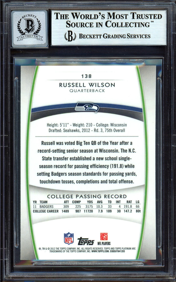Russell Wilson Signed 2012 Topps Platinum RC 138 Seahawks Auto 10 Beckett