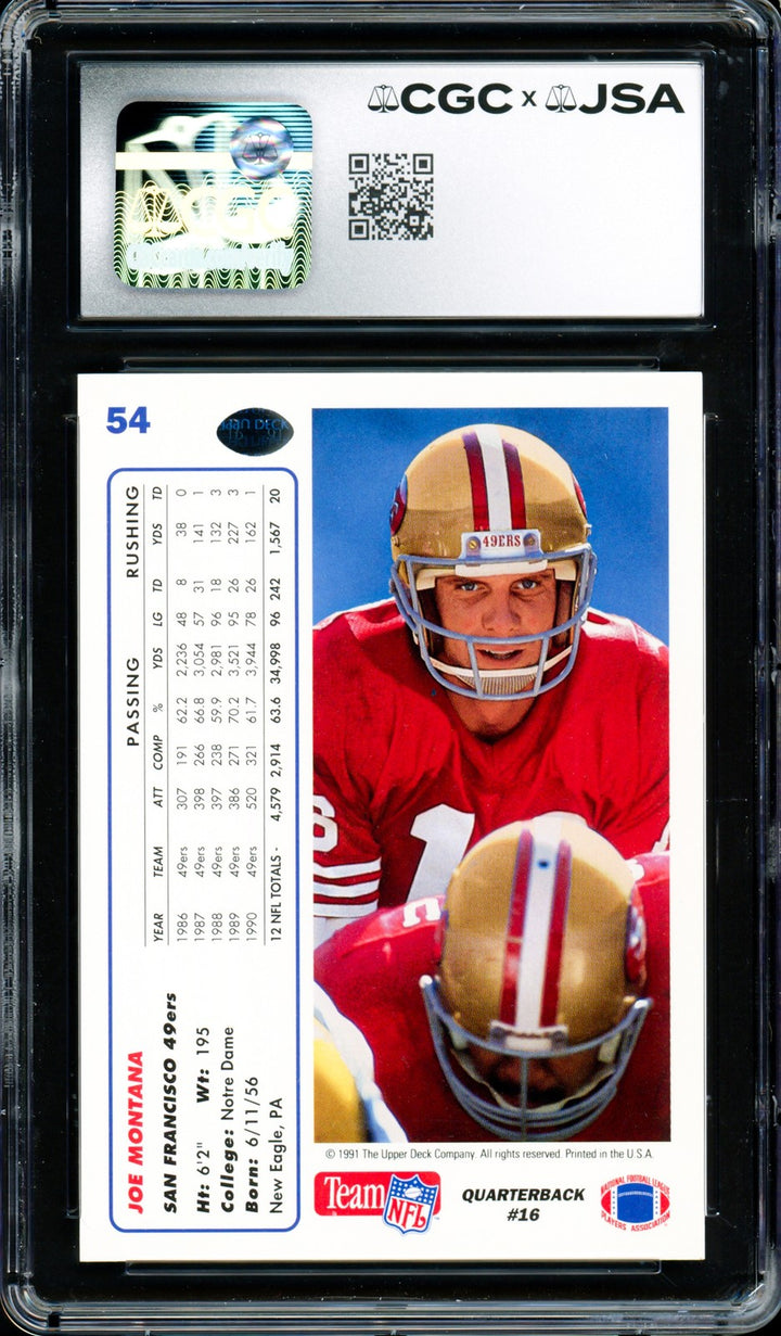 Joe Montana Signed 1991 Upper Deck Card 54 49ers Auto GM 10 CGC x JSA