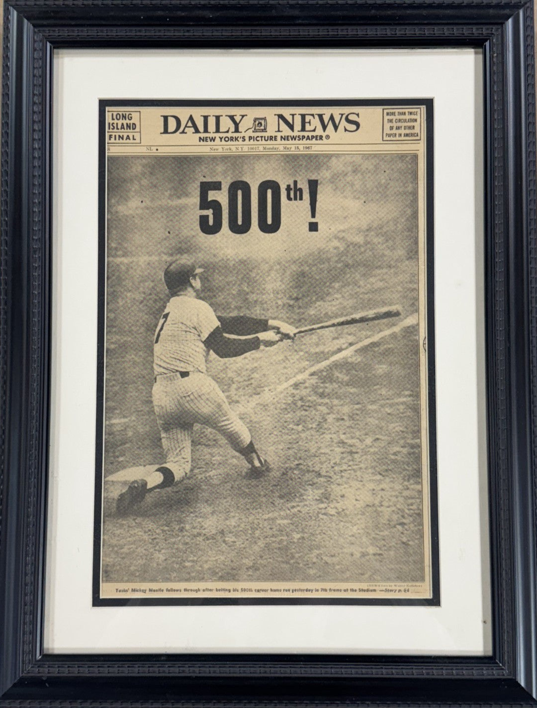 Mickey Mantle Ny Yankees 500th Hr Original Daily News Newspaper 5/14 1967 Framed