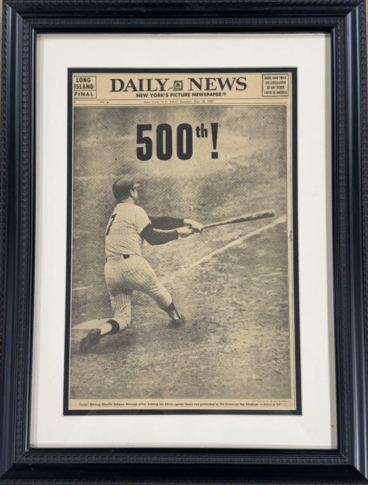 Mickey Mantle Ny Yankees 500th Hr Original Daily News Newspaper 5/14 1967 Framed