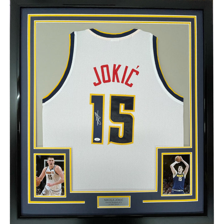Framed Autographed/Signed Nikola Jokic 33x42 Denver White Jersey JSA COA