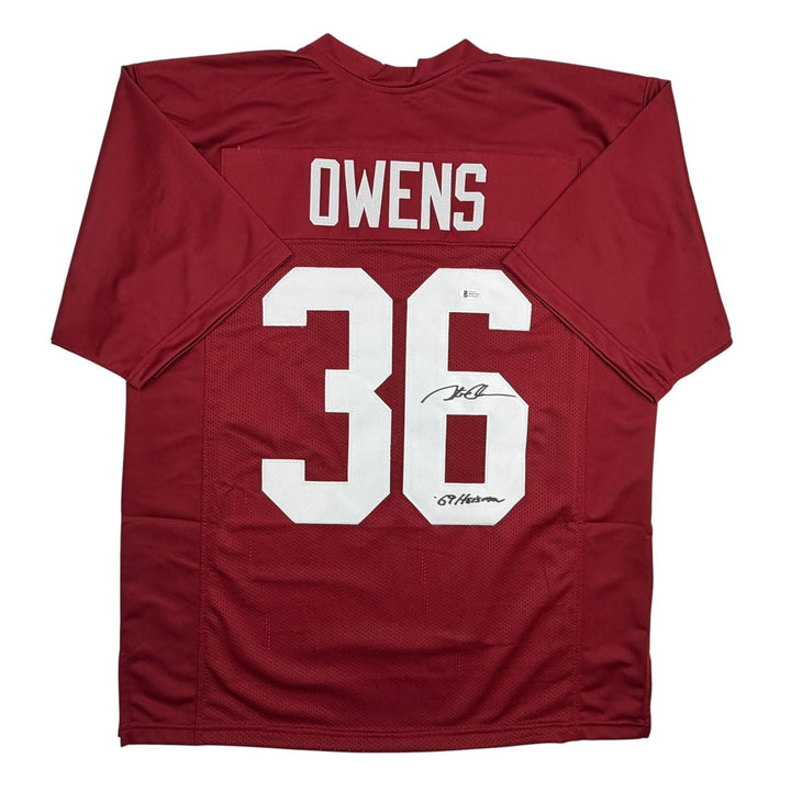 Autographed/Signed Steve Owens 69 Heisman Oklahoma Maroon Jersey Beckett BAS COA