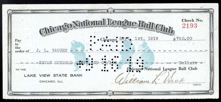 Bill Veeck Hippo Vaughn Seys PSA DNA Loa Signed  3 1919 Chicago Cubs Check