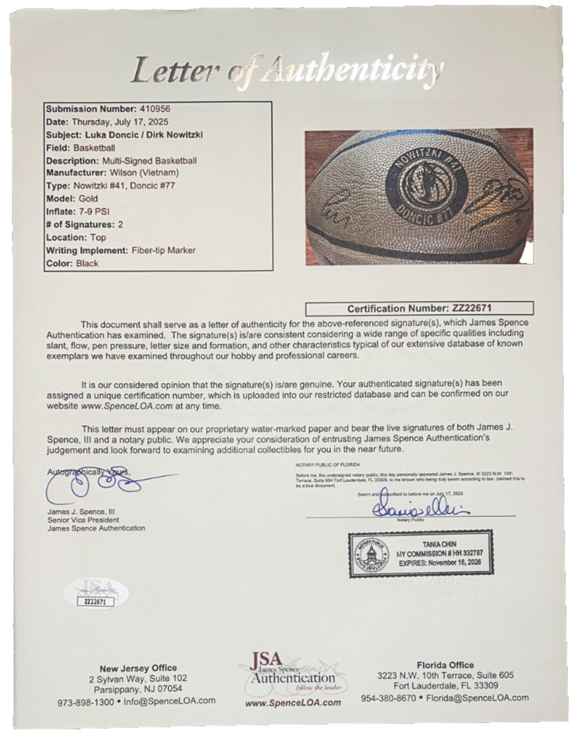 LUKA DONCIC & DIRK NOWITZKI SIGNED DALLAS MAVERICKS GOLD WILSON BASKETBALL JSA