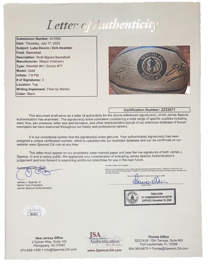LUKA DONCIC & DIRK NOWITZKI SIGNED DALLAS MAVERICKS GOLD WILSON BASKETBALL JSA