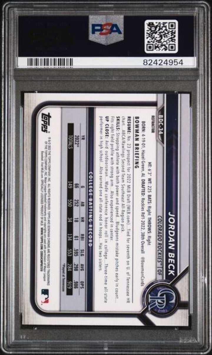 Graded 2022 Bowman Draft Jordan Beck #BDC34 Chrome REF RC Baseball Card PSA 10