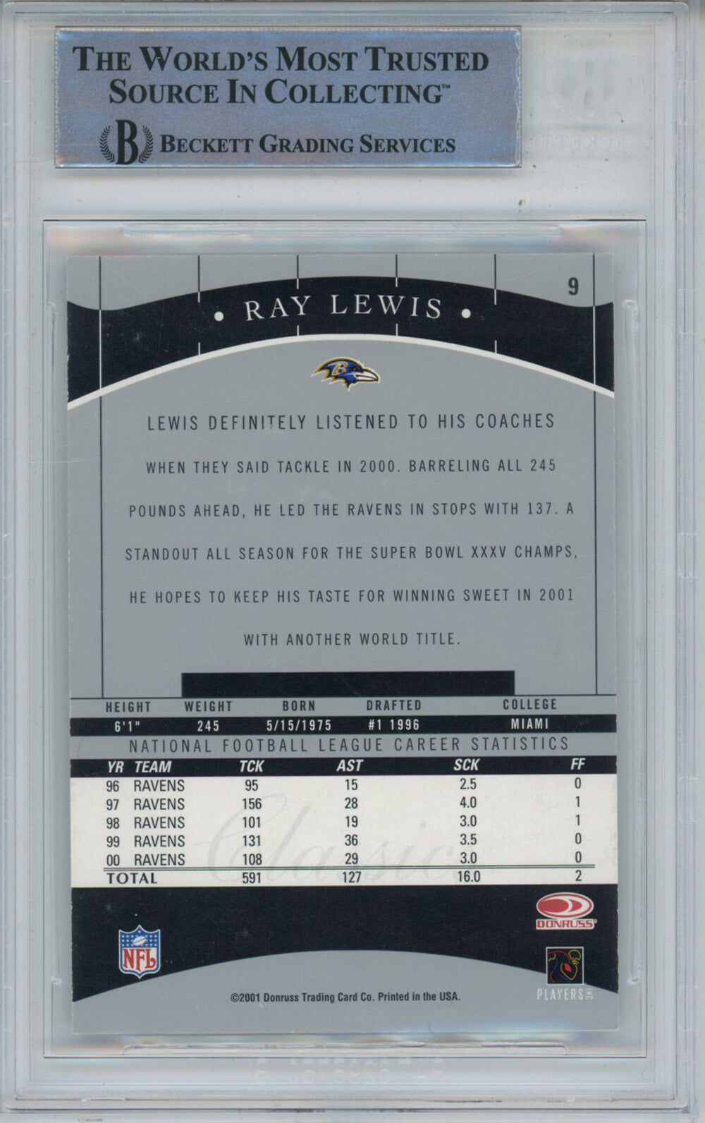 Ray Lewis Autographed 2001 Donruss Classics #9 Trading Card Beckett Slab 43383