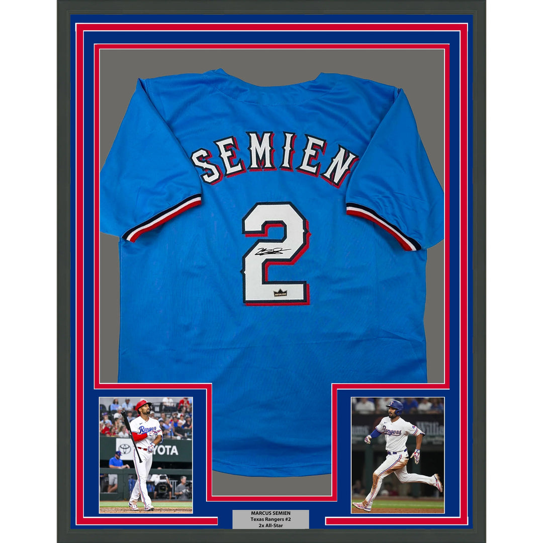 Framed Facsimile Autographed Marcus Semien 33x42 Blue Reprint Laser Auto Jersey