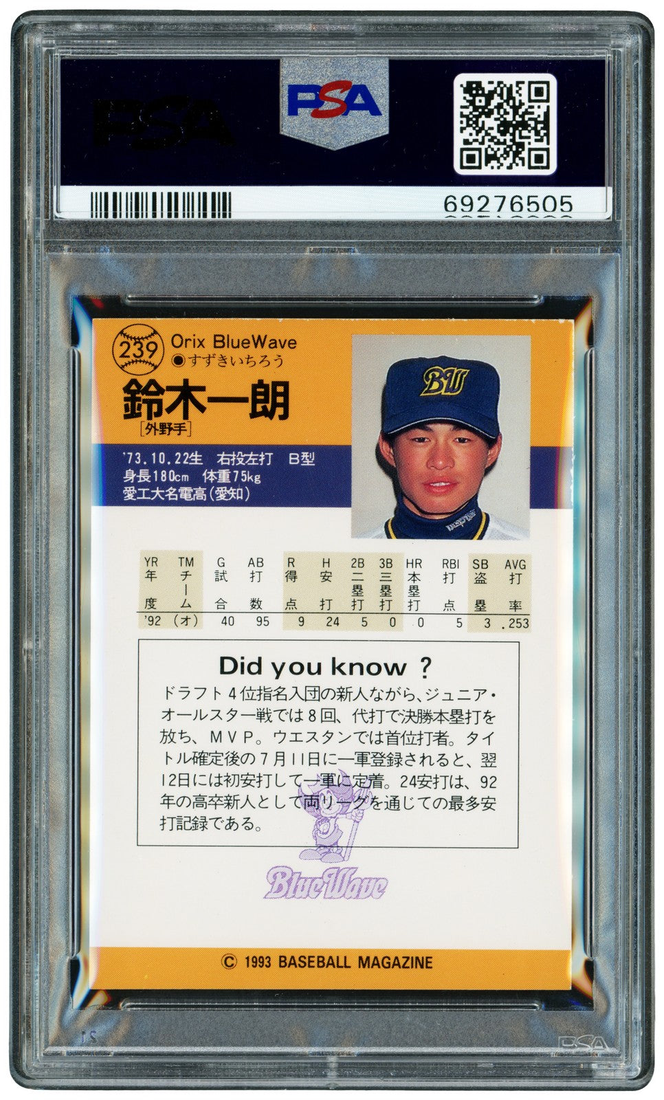 Ichiro Suzuki Auto 1993 BBM RC 239 Orix Blue Wave Auto GM 10 "#51" Kanji PSA/DNA