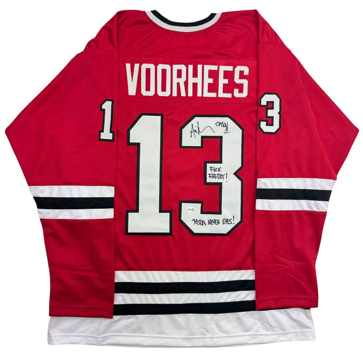 Autographed/Signed Ari Lehman Jason Voorhees Friday The 13th Red Jersey JSA COA