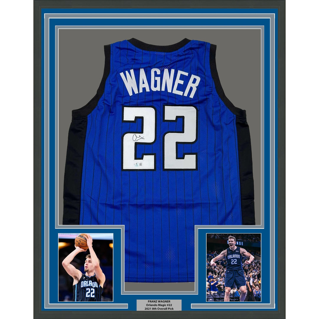 Framed Autographed/Signed Franz Wagner 35x39 Orlando Blue Jersey BAS COA